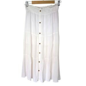 SO White Crinkle Gauze Tiered Maxi Skirt Waist Boho Button Front Women Large